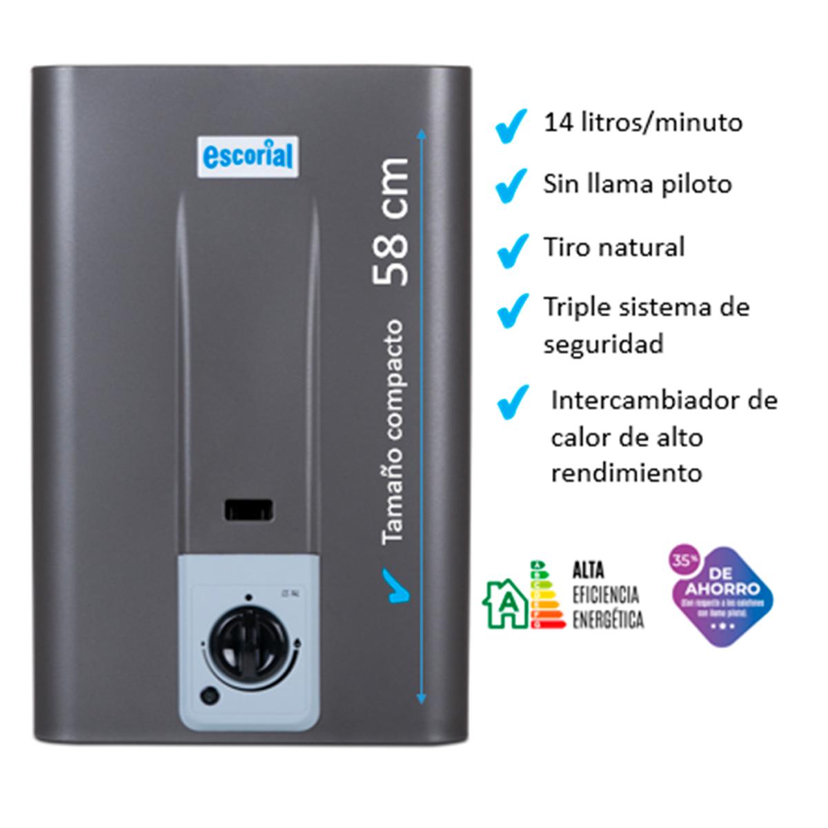 Calefon A Gas Natural 14L Escorial CE-14LBN Grafito